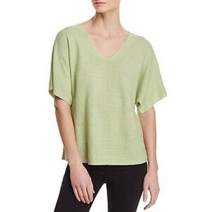 Eileen Fisher Deep V-Neck Organic Linen Boxy Slub Knit Top Green Oversized L
